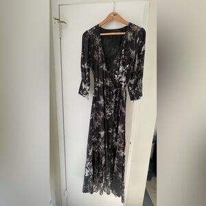 All Saints Silk Black Dress midi long Wrap floral Dress high low dress M New